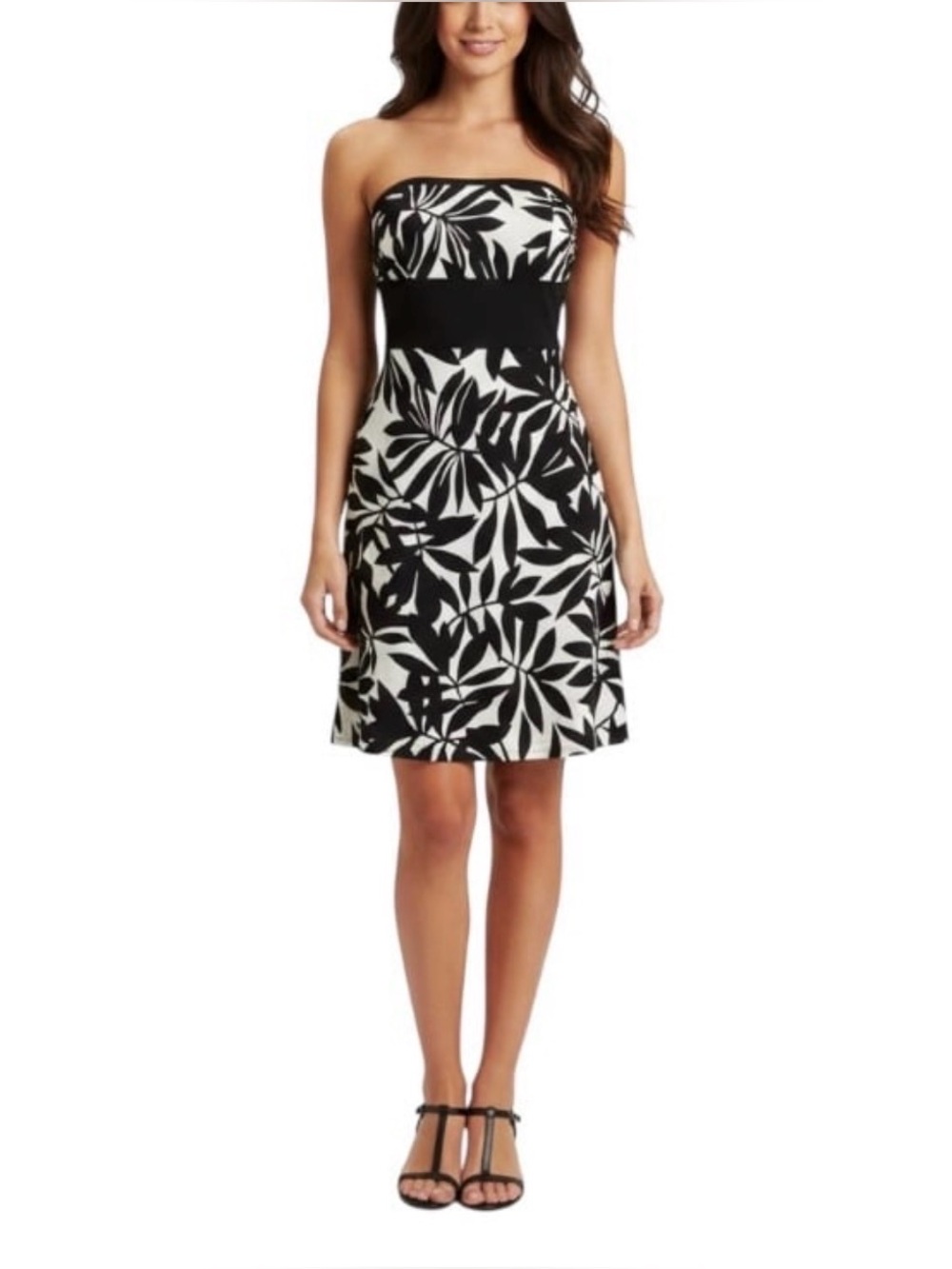 White House Black Market Strapless Black and White Floral Dress